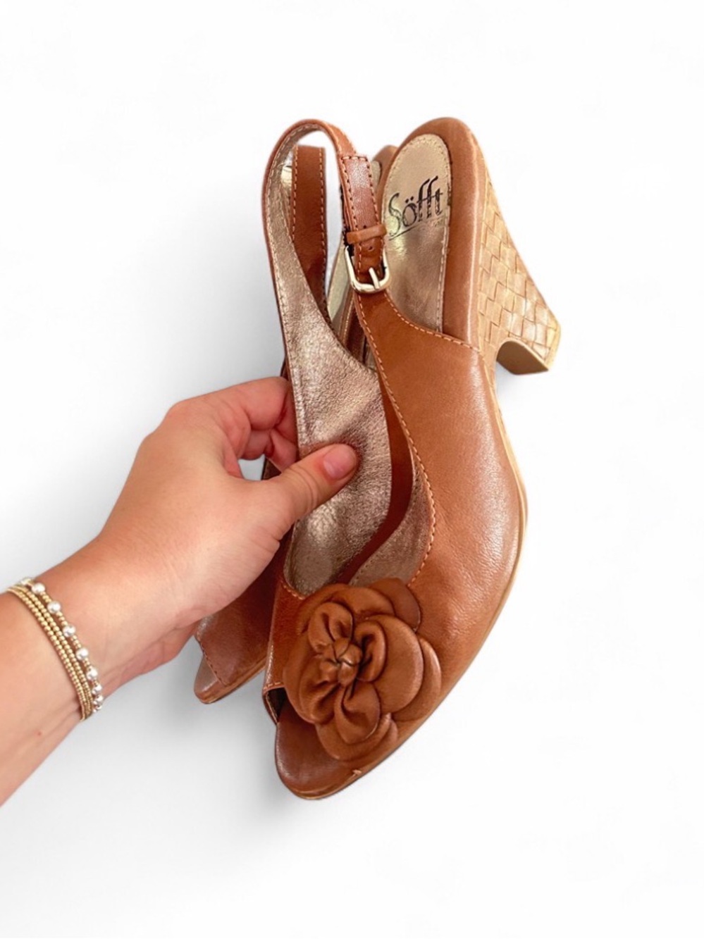 Sofft Brown Leather Slingback Peeptoe Woven Heels with Floral Accent - 8.5
